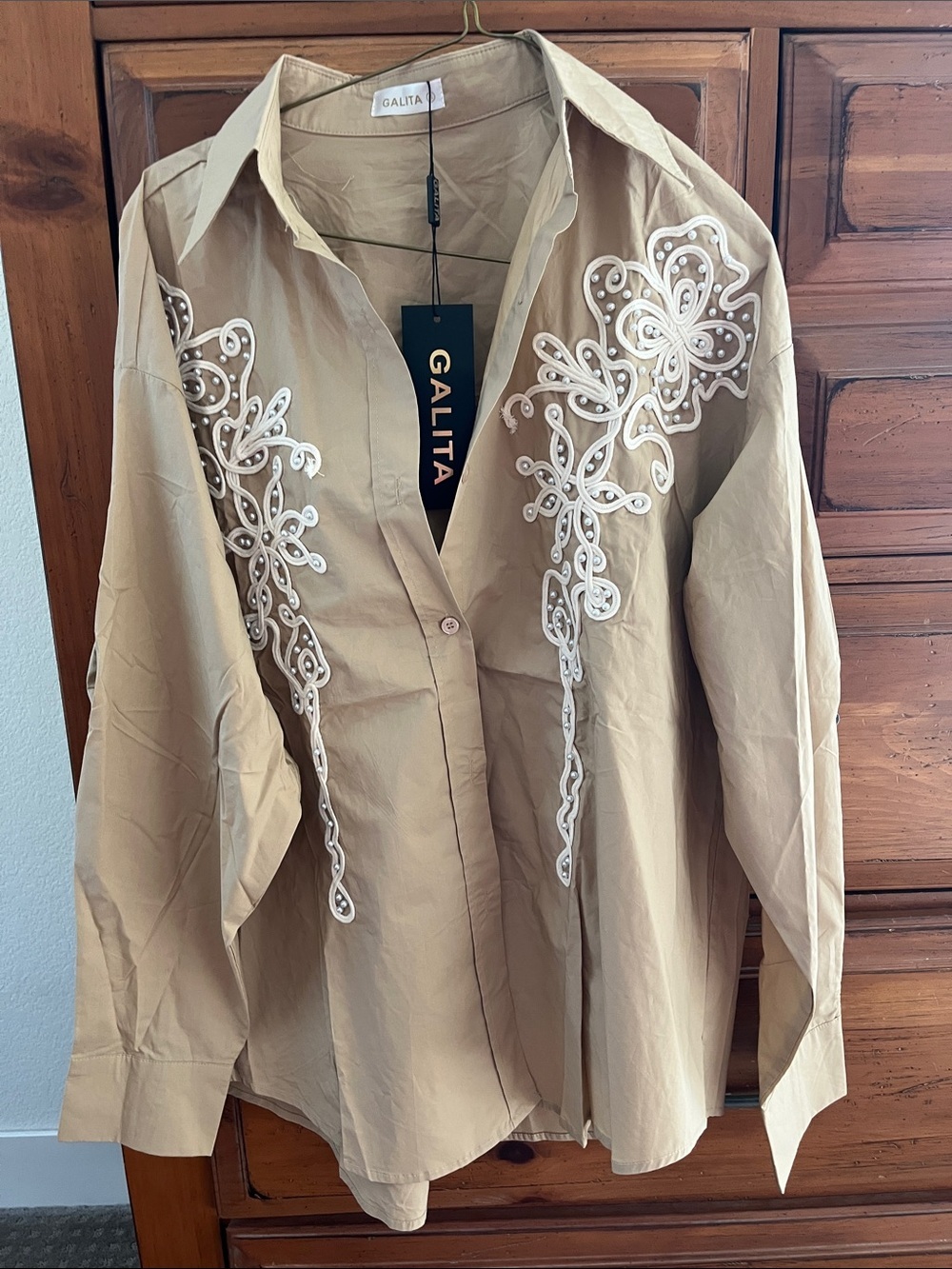 Galita Beige Embroidered Button-Down Blouse NWT